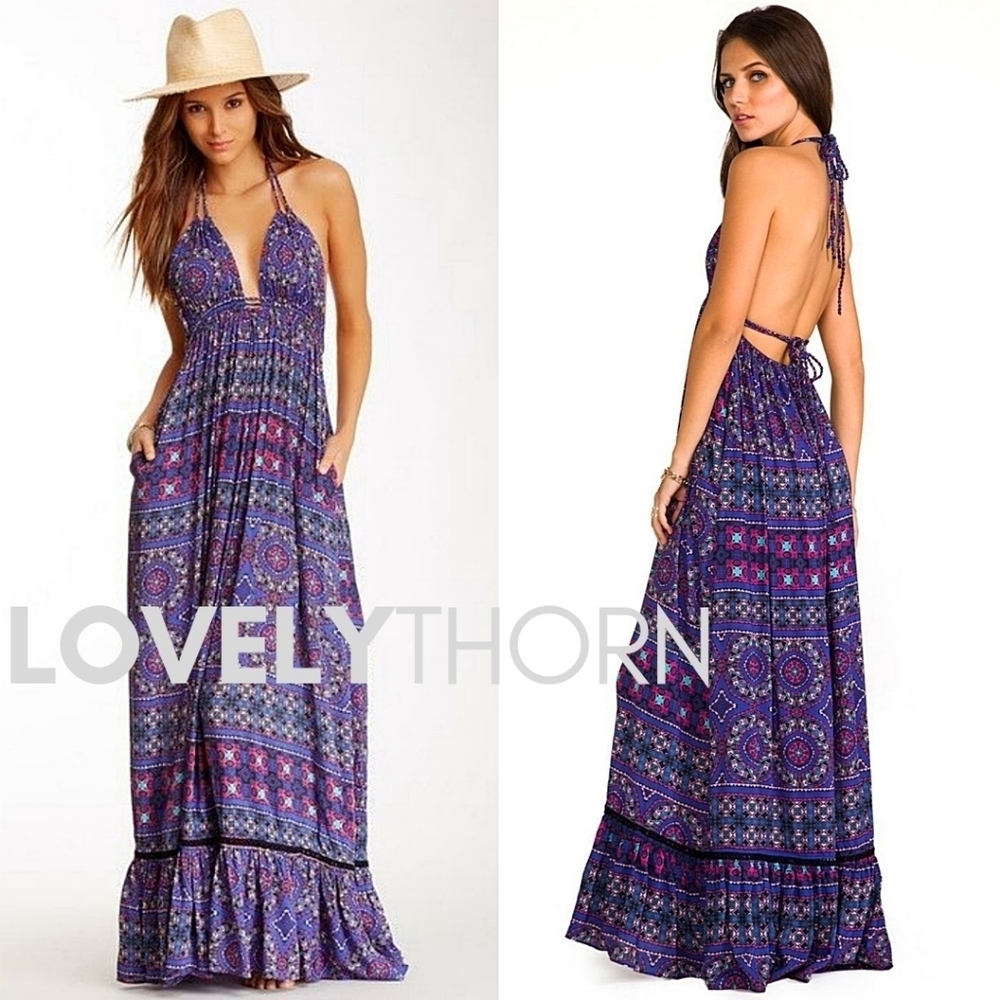 6 SHORE ROAD // boho-chic purple print low open back plunge halter maxi